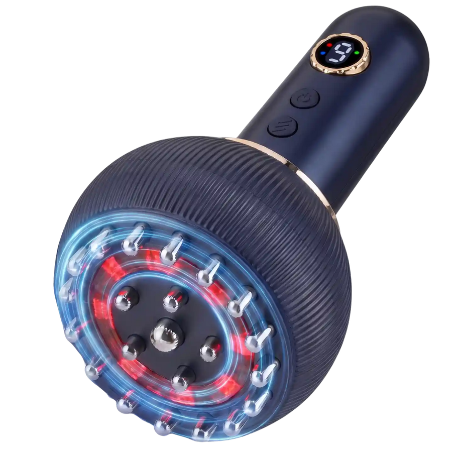 ToneUp lymphatic massager device showing 21 smooth steel massage heads and adjustable heat and vibration display